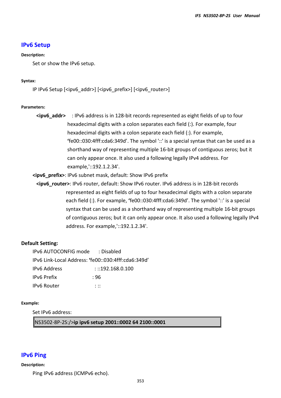 Ipv6 setup, Ipv6 ping, Ipv6 setup ipv6 ping | Interlogix NS3502-8P-2S User Manual User Manual | Page 353 / 568