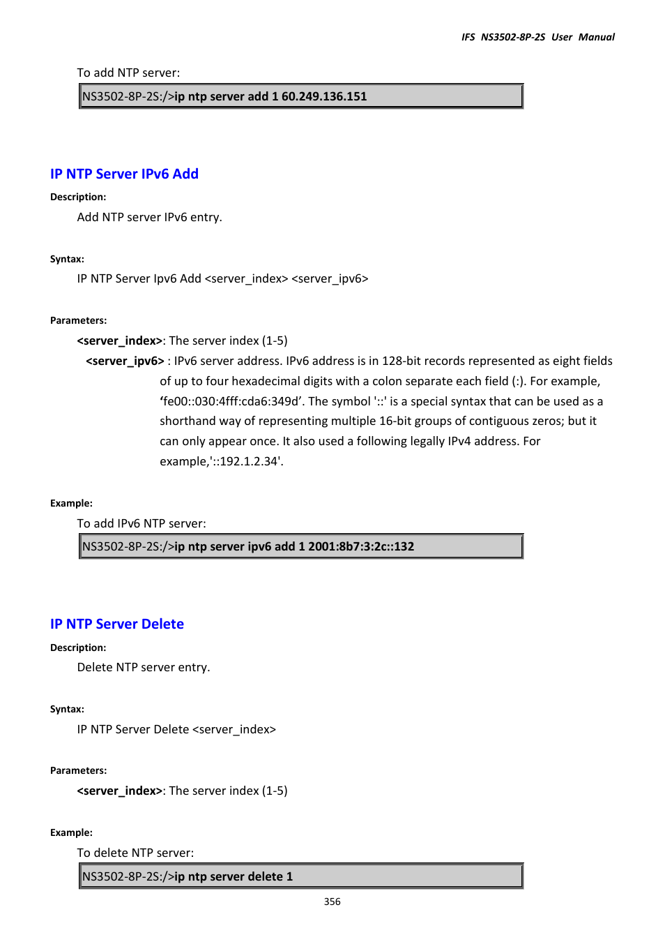 Ip ntp server ipv6 add, Ip ntp server delete, Ip ntp server ipv6 add ip ntp server delete | Interlogix NS3502-8P-2S User Manual User Manual | Page 356 / 568