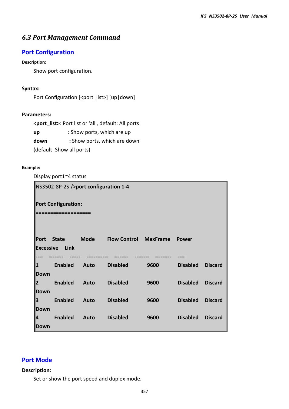 3 port management command, Port configuration, Port mode | Port configuration port mode, 3 port management command port configuration | Interlogix NS3502-8P-2S User Manual User Manual | Page 357 / 568