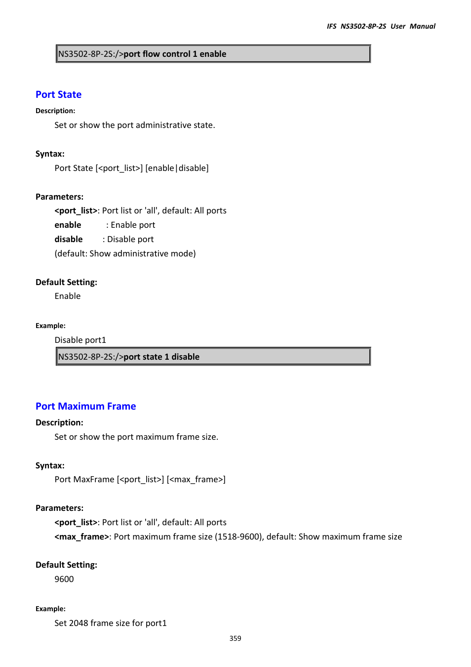 Port state, Port maximum frame, Port state port maximum frame | Interlogix NS3502-8P-2S User Manual User Manual | Page 359 / 568