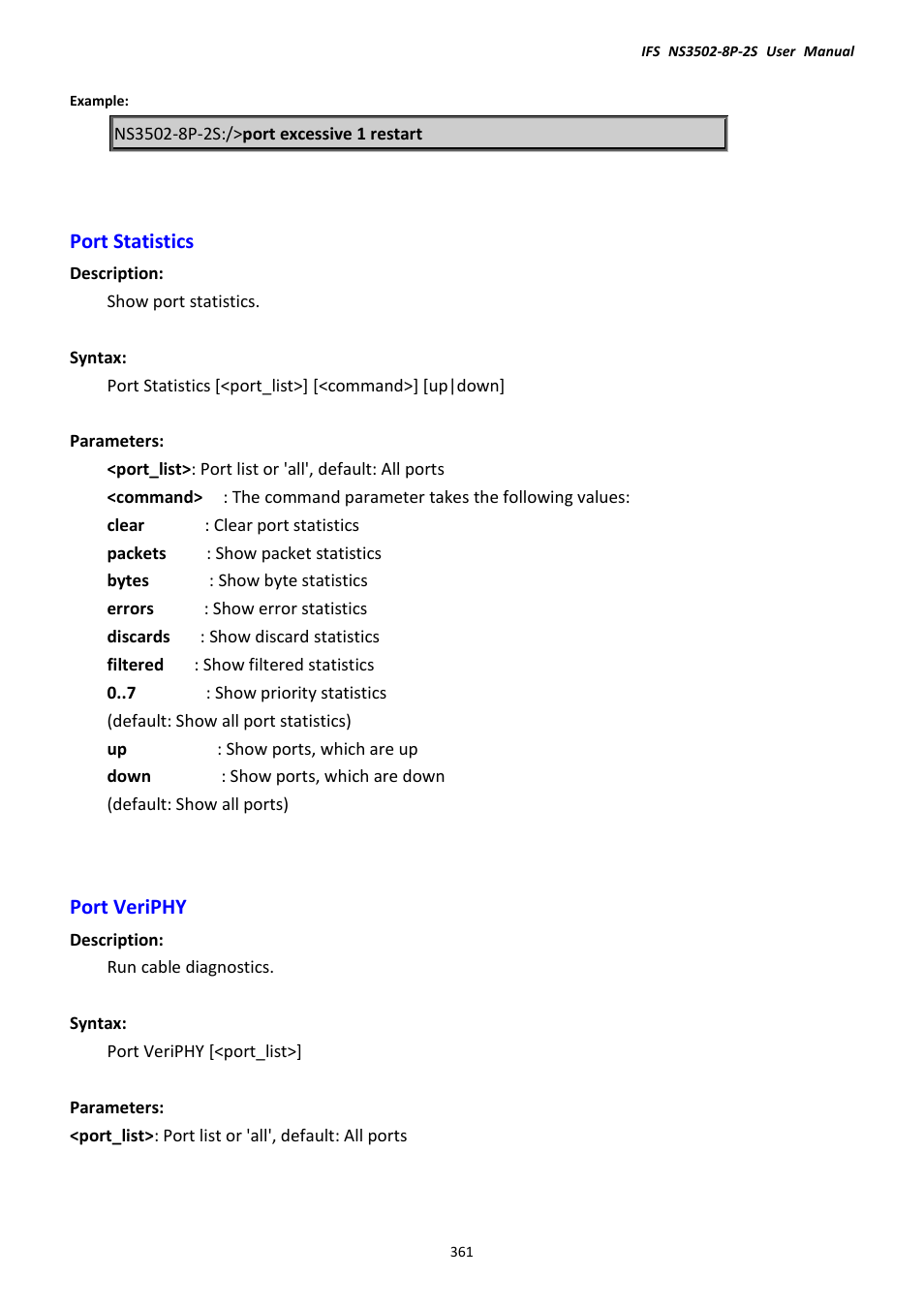 Port statistics, Port veriphy, Port statistics port veriphy | Interlogix NS3502-8P-2S User Manual User Manual | Page 361 / 568