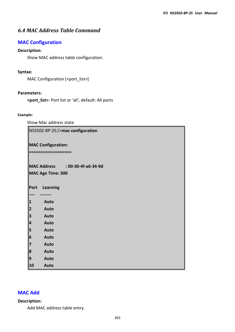 4 mac address table command, Mac configuration, Mac add | Mac configuration mac add, 4 mac address table command mac configuration | Interlogix NS3502-8P-2S User Manual User Manual | Page 363 / 568