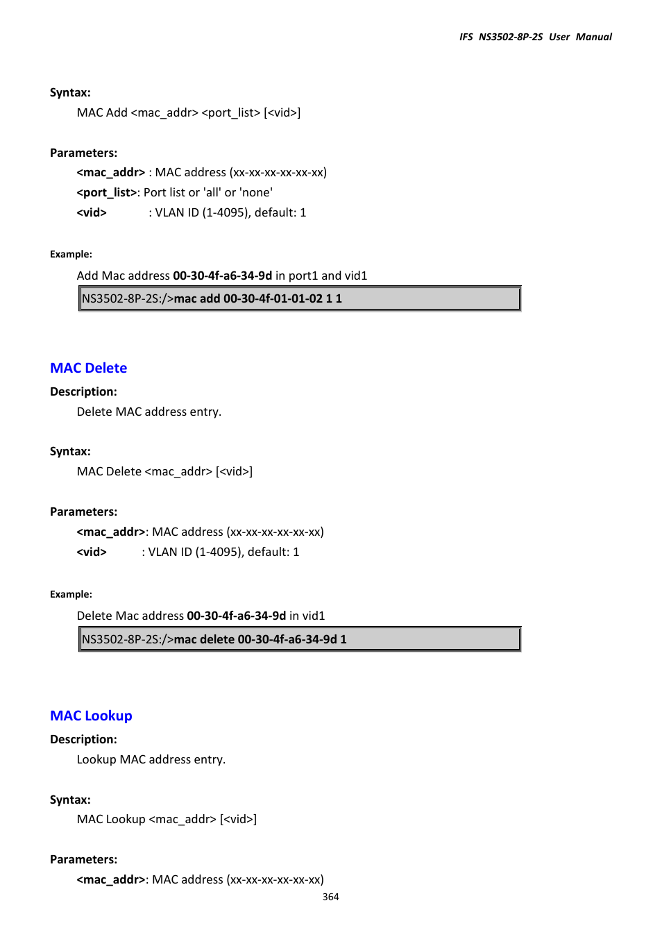 Mac delete, Mac lookup, Mac delete mac lookup | Interlogix NS3502-8P-2S User Manual User Manual | Page 364 / 568