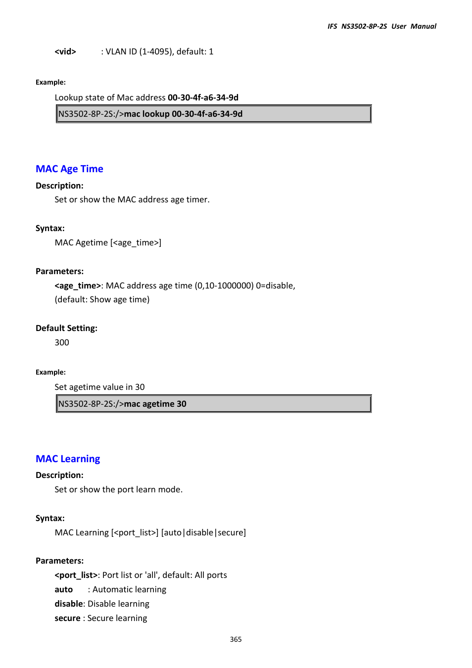 Mac age time, Mac learning, Mac age time mac learning | Interlogix NS3502-8P-2S User Manual User Manual | Page 365 / 568