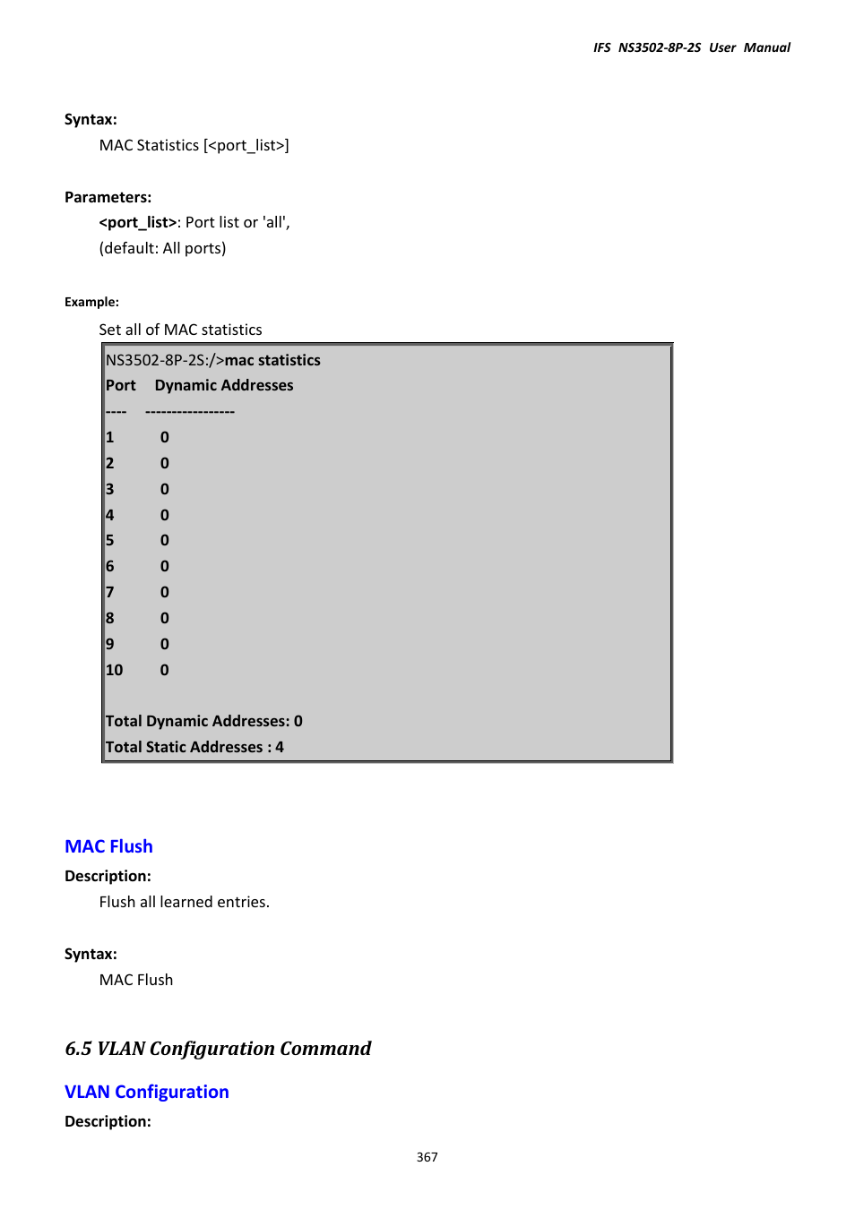 Mac flush, 5 vlan configuration command, Vlan configuration | Interlogix NS3502-8P-2S User Manual User Manual | Page 367 / 568