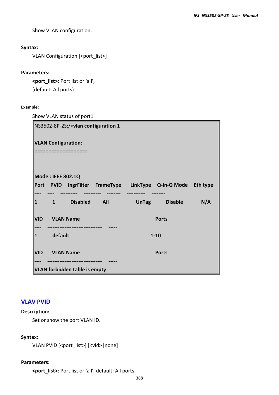 Vlav pvid | Interlogix NS3502-8P-2S User Manual User Manual | Page 368 / 568