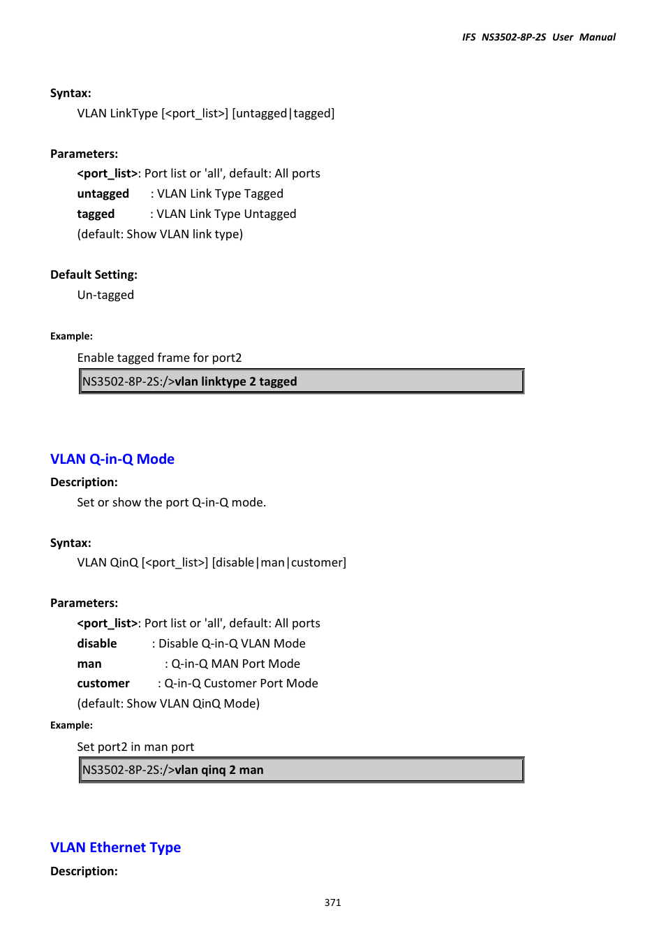 Vlan q-in-q mode, Vlan ethernet type, Vlan q-in-q mode vlan ethernet type | Interlogix NS3502-8P-2S User Manual User Manual | Page 371 / 568