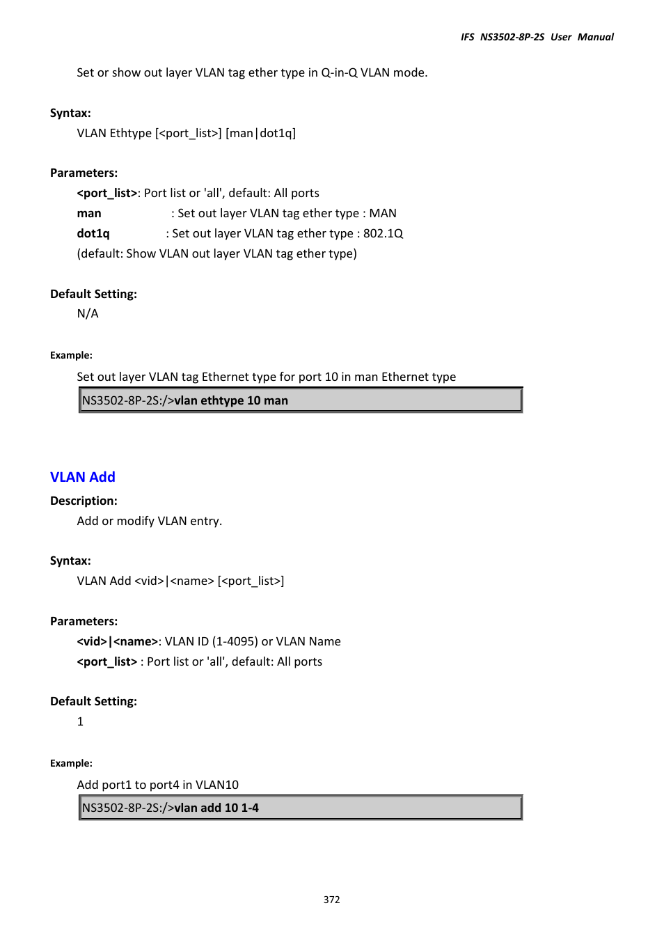 Vlan add | Interlogix NS3502-8P-2S User Manual User Manual | Page 372 / 568