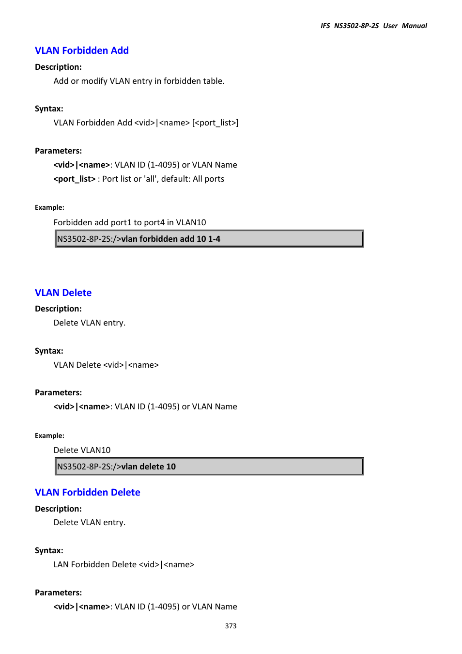 Vlan forbidden add, Vlan delete, Vlan forbidden delete | Interlogix NS3502-8P-2S User Manual User Manual | Page 373 / 568