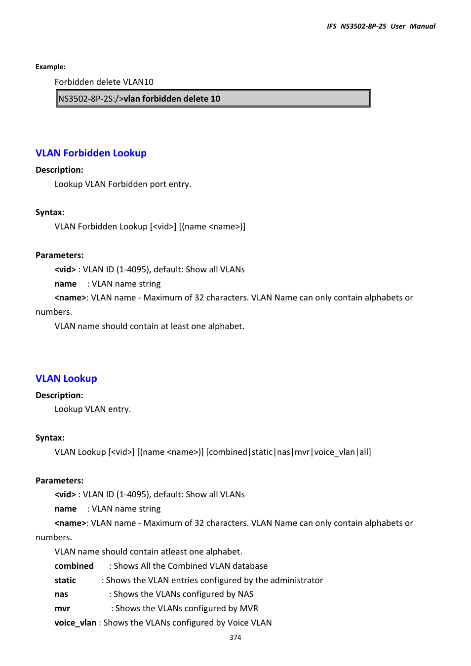 Vlan forbidden lookup, Vlan lookup, Vlan forbidden lookup vlan lookup | Interlogix NS3502-8P-2S User Manual User Manual | Page 374 / 568