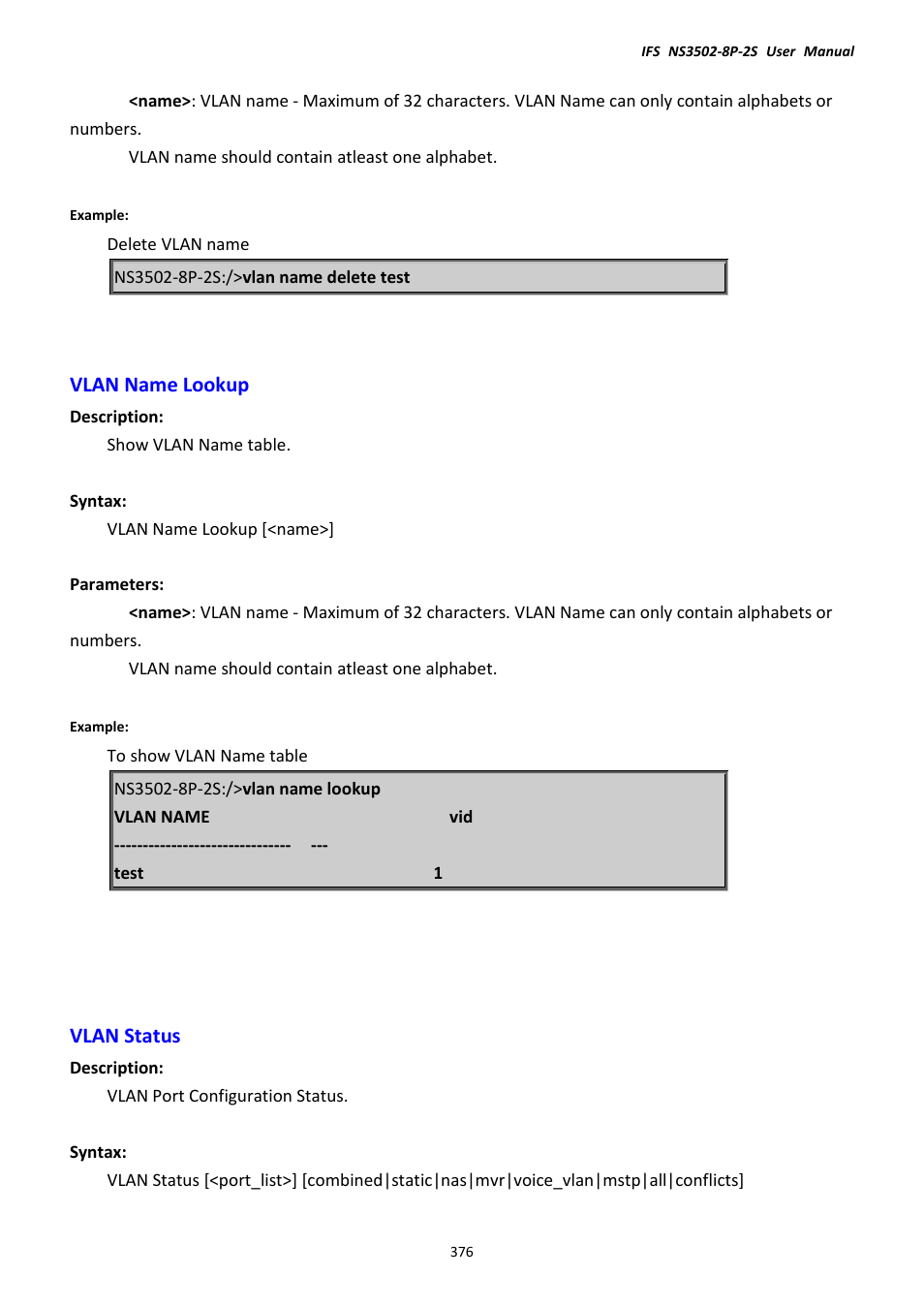 Vlan name lookup, Vlan status, Vlan name lookup vlan status | Interlogix NS3502-8P-2S User Manual User Manual | Page 376 / 568