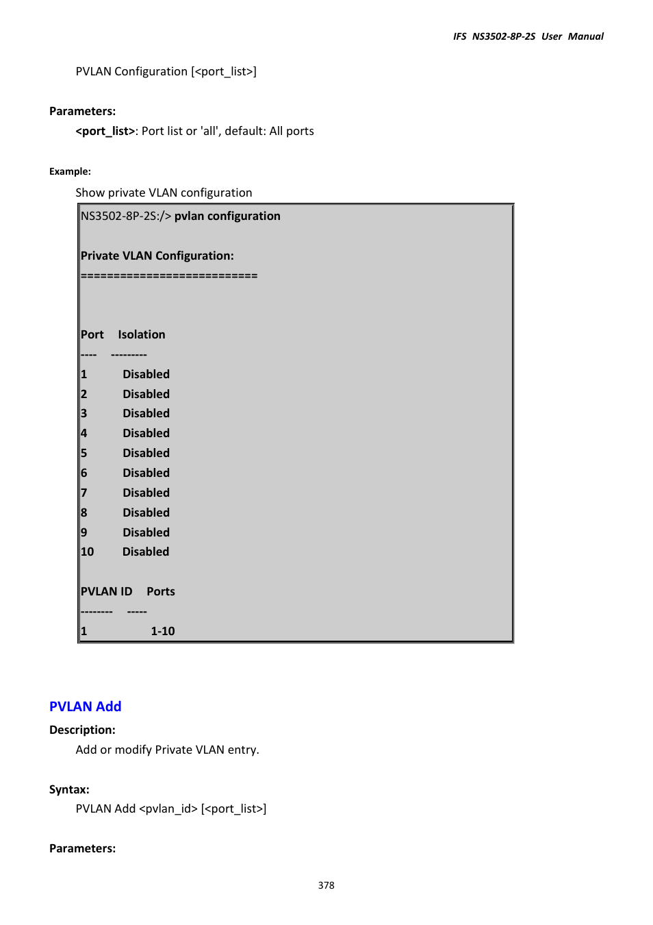 Pvlan add | Interlogix NS3502-8P-2S User Manual User Manual | Page 378 / 568