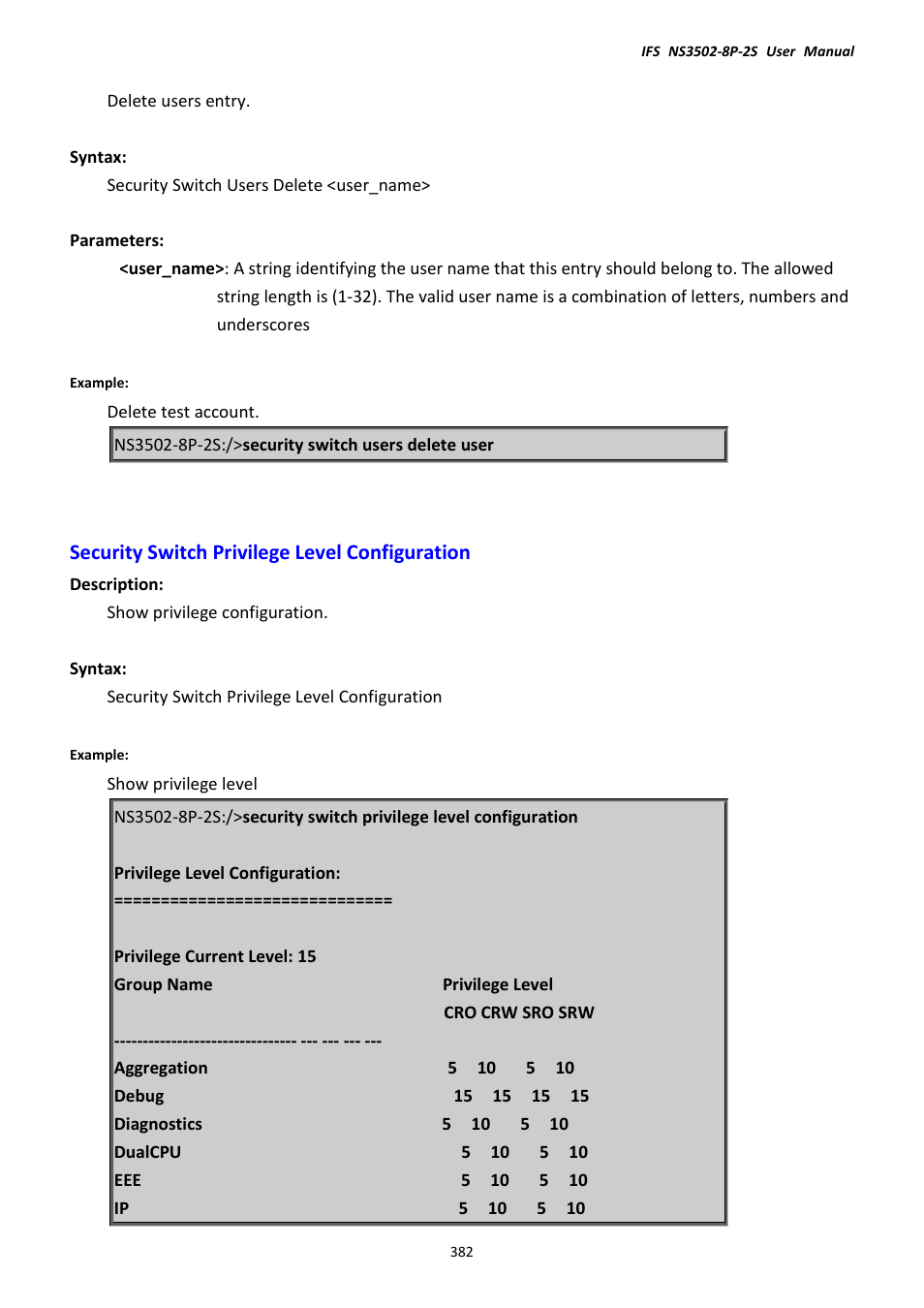 Security switch privilege level configuration | Interlogix NS3502-8P-2S User Manual User Manual | Page 382 / 568