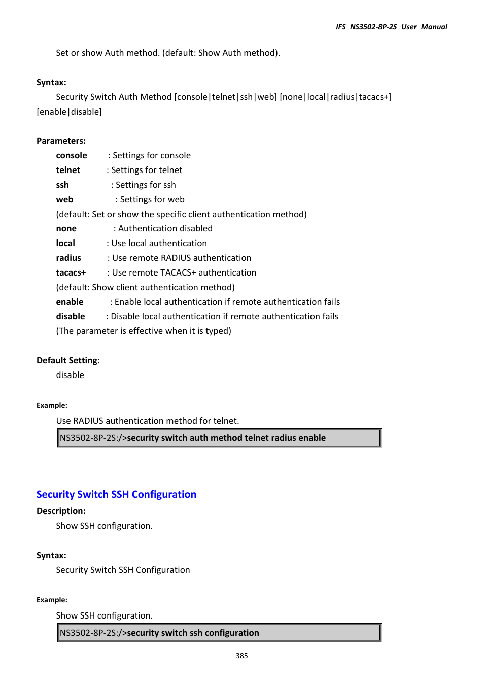 Security switch ssh configuration | Interlogix NS3502-8P-2S User Manual User Manual | Page 385 / 568