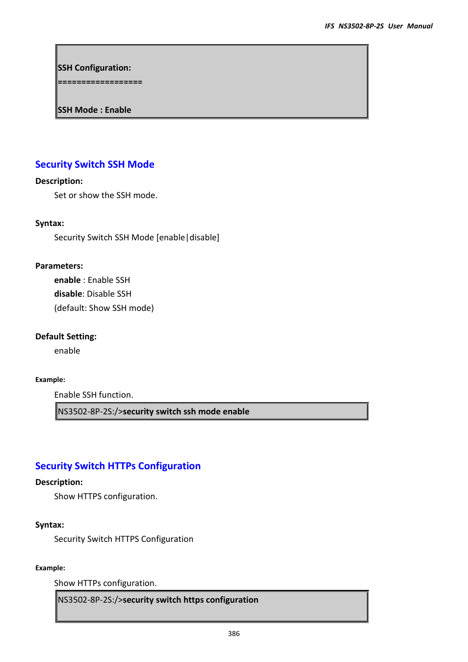 Security switch ssh mode, Security switch https configuration | Interlogix NS3502-8P-2S User Manual User Manual | Page 386 / 568