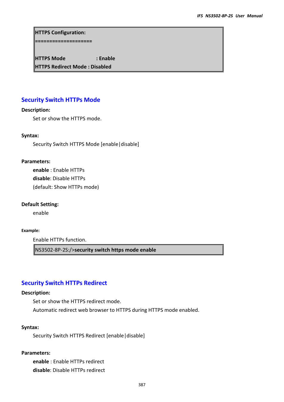 Security switch https mode, Security switch https redirect | Interlogix NS3502-8P-2S User Manual User Manual | Page 387 / 568