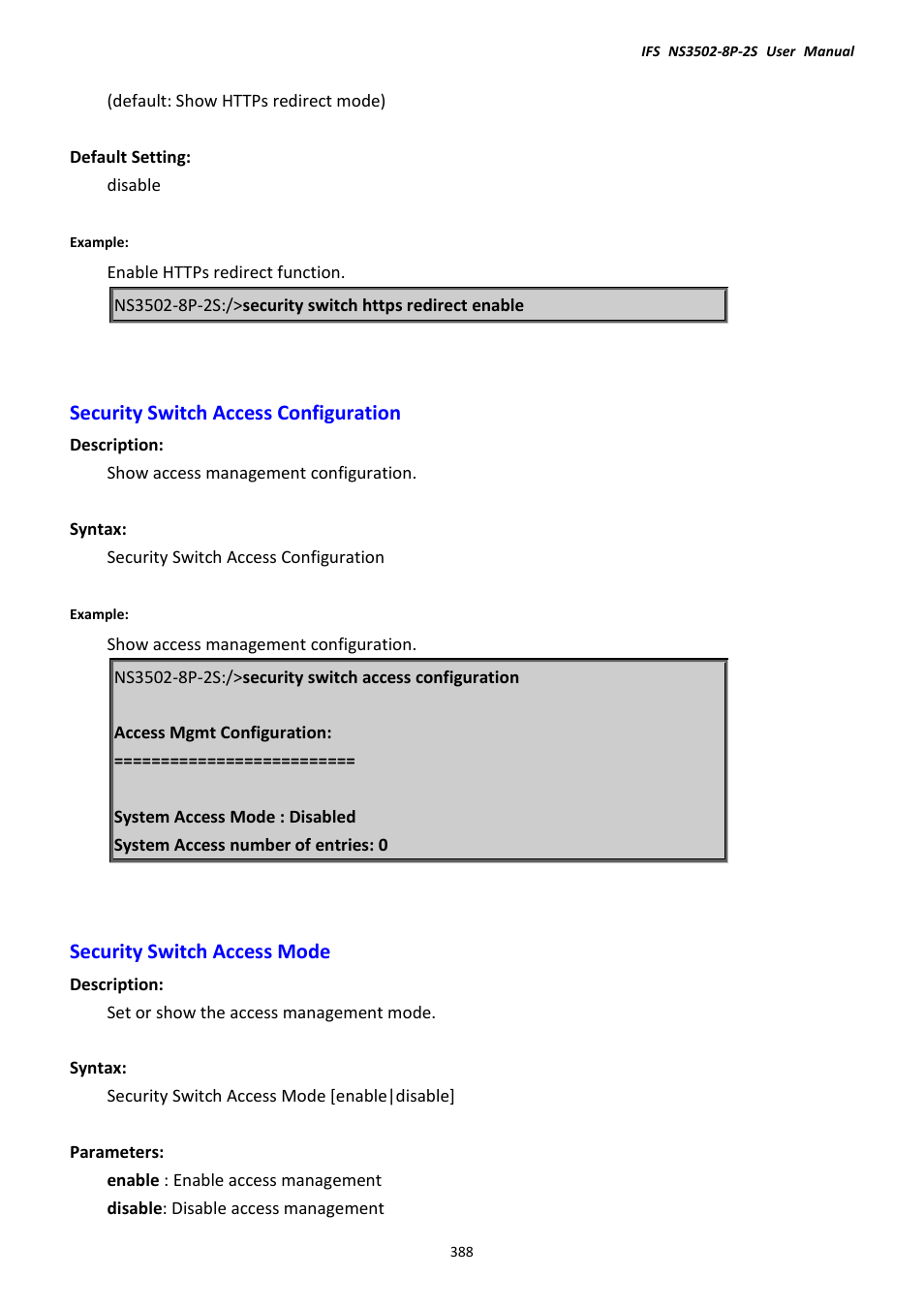 Security switch access configuration, Security switch access mode | Interlogix NS3502-8P-2S User Manual User Manual | Page 388 / 568