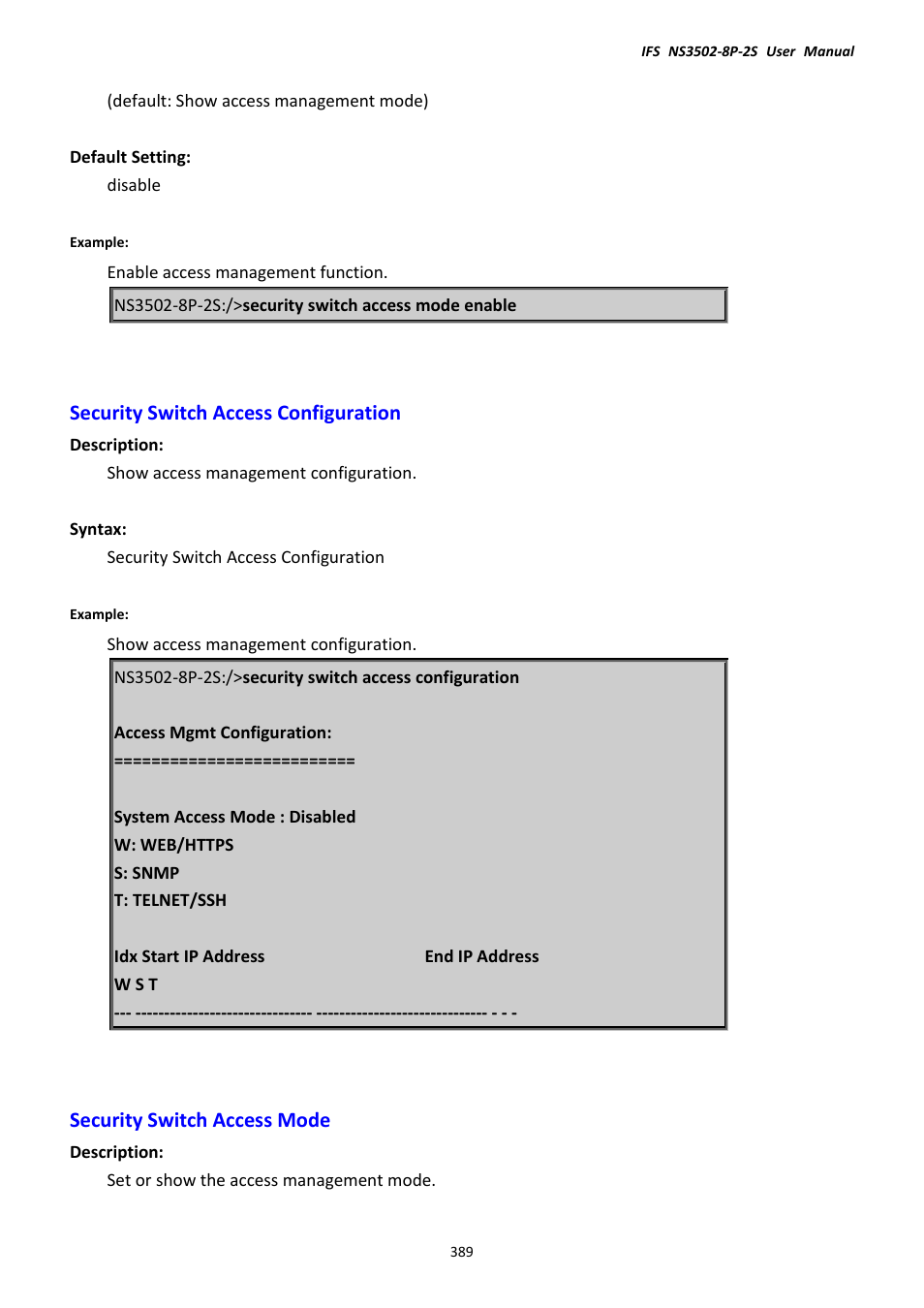 Security switch access configuration, Security switch access mode | Interlogix NS3502-8P-2S User Manual User Manual | Page 389 / 568