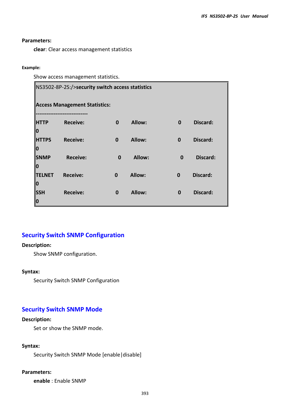 Security switch snmp configuration, Security switch snmp mode | Interlogix NS3502-8P-2S User Manual User Manual | Page 393 / 568