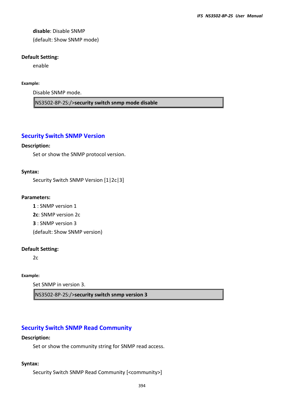 Security switch snmp version, Security switch snmp read community | Interlogix NS3502-8P-2S User Manual User Manual | Page 394 / 568