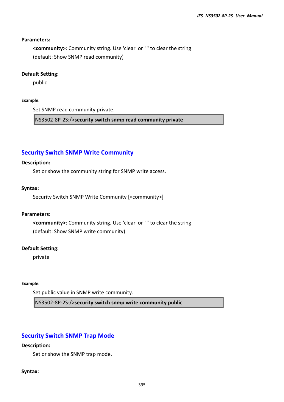 Security switch snmp write community, Security switch snmp trap mode | Interlogix NS3502-8P-2S User Manual User Manual | Page 395 / 568