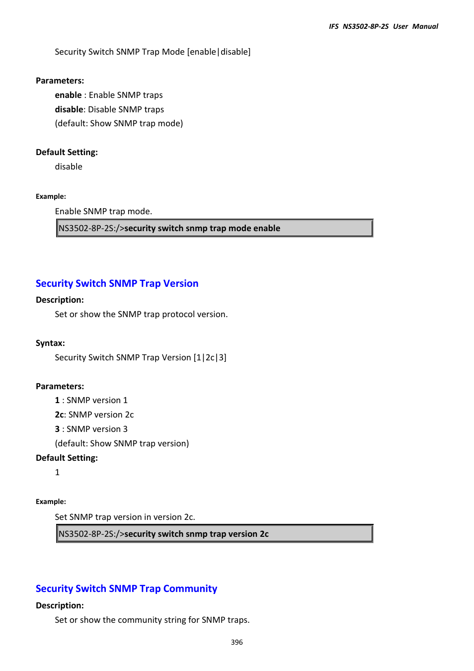 Security switch snmp trap version, Security switch snmp trap community | Interlogix NS3502-8P-2S User Manual User Manual | Page 396 / 568