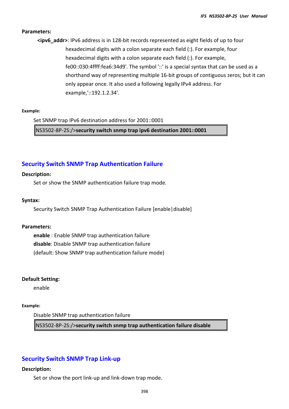 Security switch snmp trap authentication failure, Security switch snmp trap link-up | Interlogix NS3502-8P-2S User Manual User Manual | Page 398 / 568