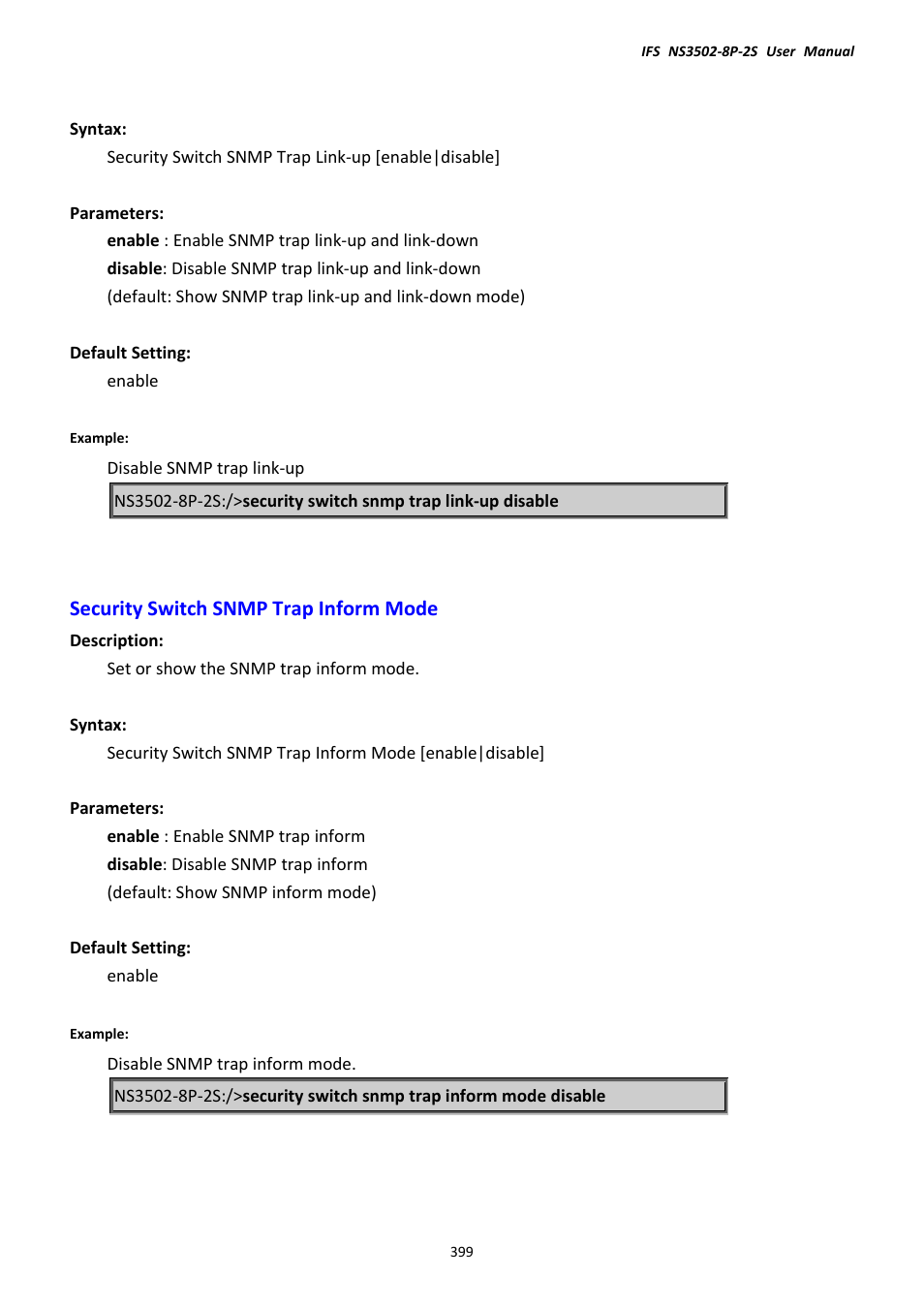 Security switch snmp trap inform mode | Interlogix NS3502-8P-2S User Manual User Manual | Page 399 / 568
