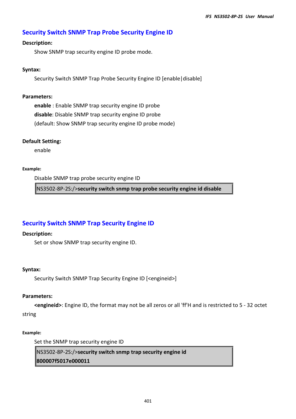 Security switch snmp trap probe security engine id, Security switch snmp trap security engine id | Interlogix NS3502-8P-2S User Manual User Manual | Page 401 / 568