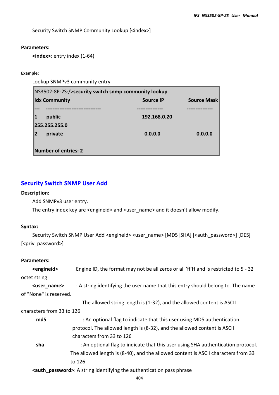 Security switch snmp user add | Interlogix NS3502-8P-2S User Manual User Manual | Page 404 / 568