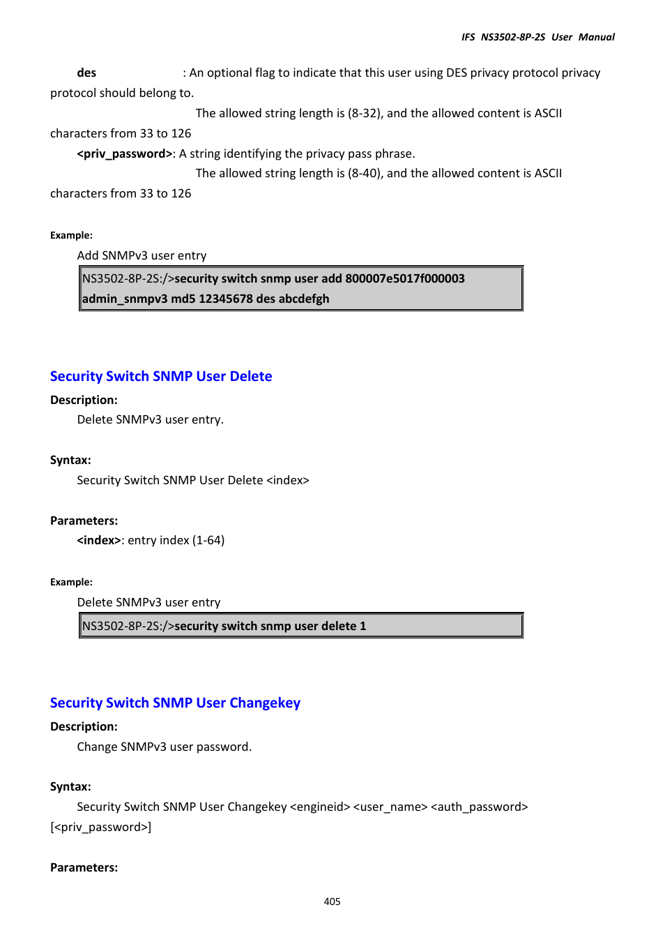 Security switch snmp user delete, Security switch snmp user changekey | Interlogix NS3502-8P-2S User Manual User Manual | Page 405 / 568