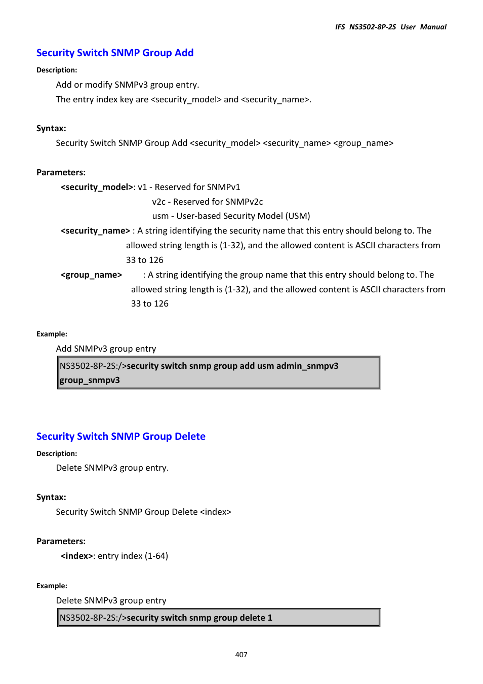 Security switch snmp group add, Security switch snmp group delete | Interlogix NS3502-8P-2S User Manual User Manual | Page 407 / 568