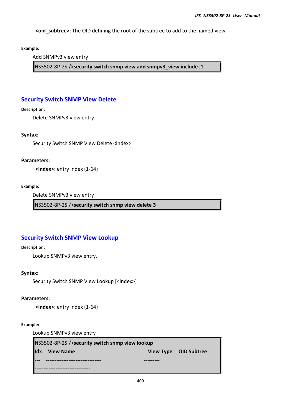 Security switch snmp view delete, Security switch snmp view lookup | Interlogix NS3502-8P-2S User Manual User Manual | Page 409 / 568