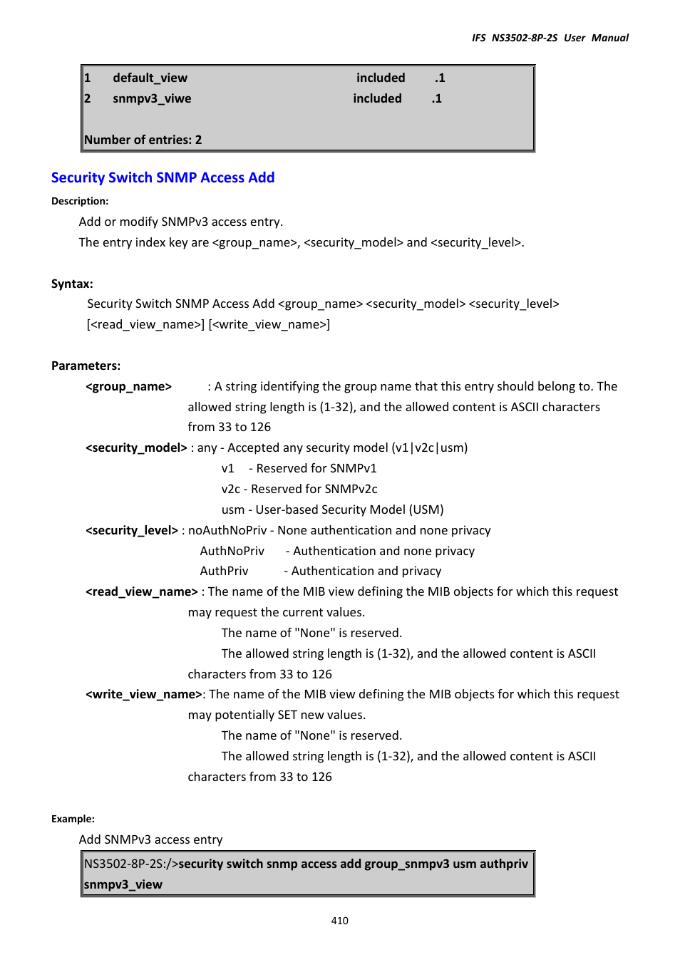 Security switch snmp access add | Interlogix NS3502-8P-2S User Manual User Manual | Page 410 / 568