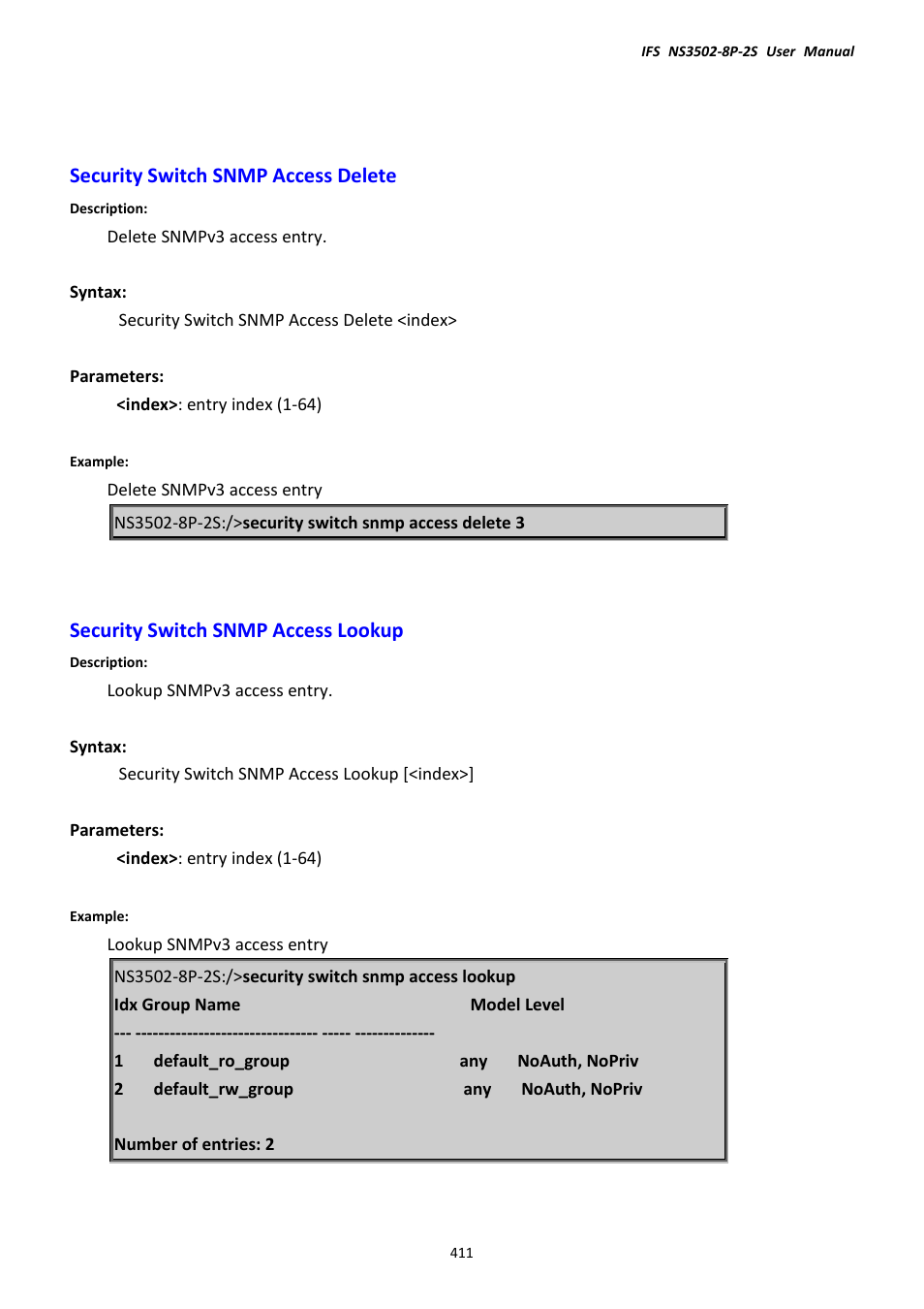 Security switch snmp access delete, Security switch snmp access lookup | Interlogix NS3502-8P-2S User Manual User Manual | Page 411 / 568