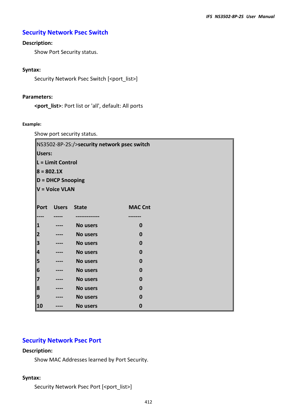 Security network psec switch, Security network psec port | Interlogix NS3502-8P-2S User Manual User Manual | Page 412 / 568