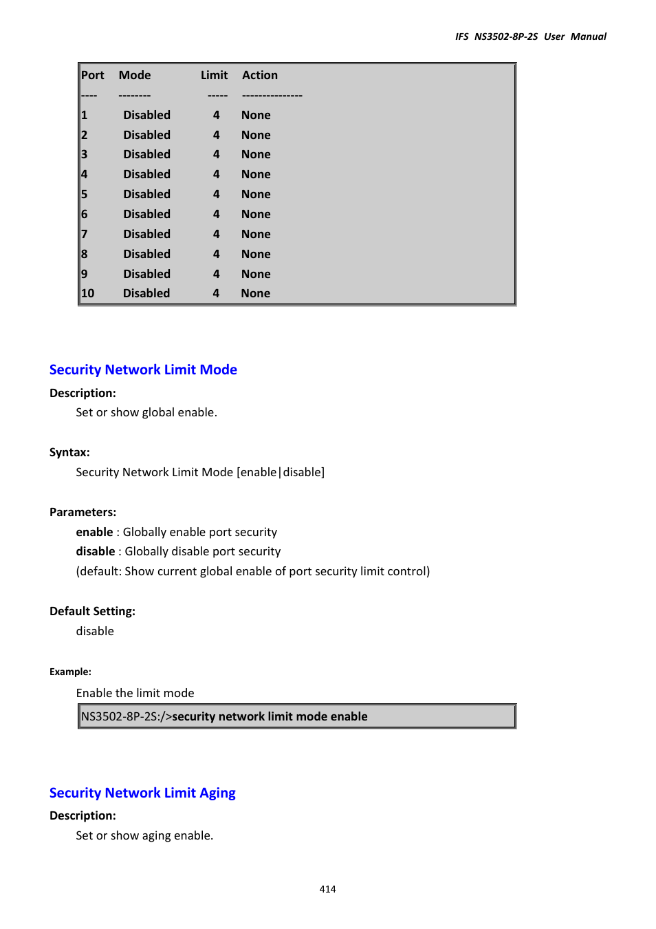 Security network limit mode, Security network limit aging | Interlogix NS3502-8P-2S User Manual User Manual | Page 414 / 568