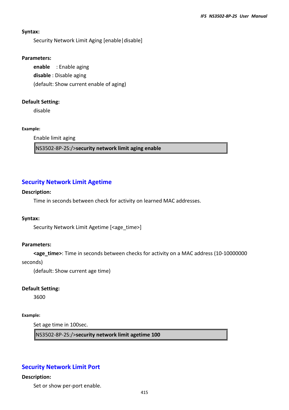 Security network limit agetime, Security network limit port | Interlogix NS3502-8P-2S User Manual User Manual | Page 415 / 568