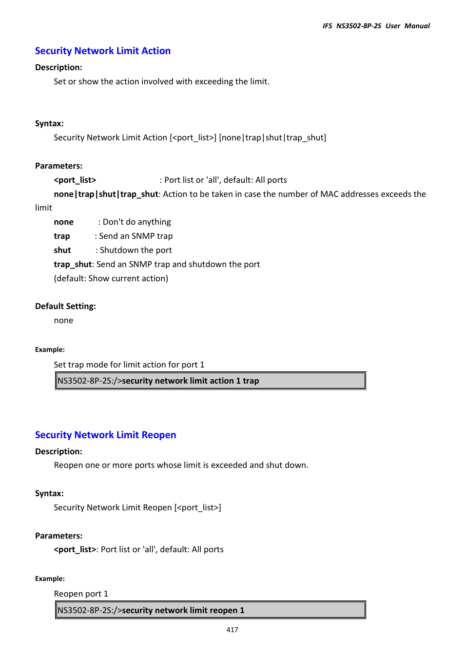 Security network limit action, Security network limit reopen | Interlogix NS3502-8P-2S User Manual User Manual | Page 417 / 568