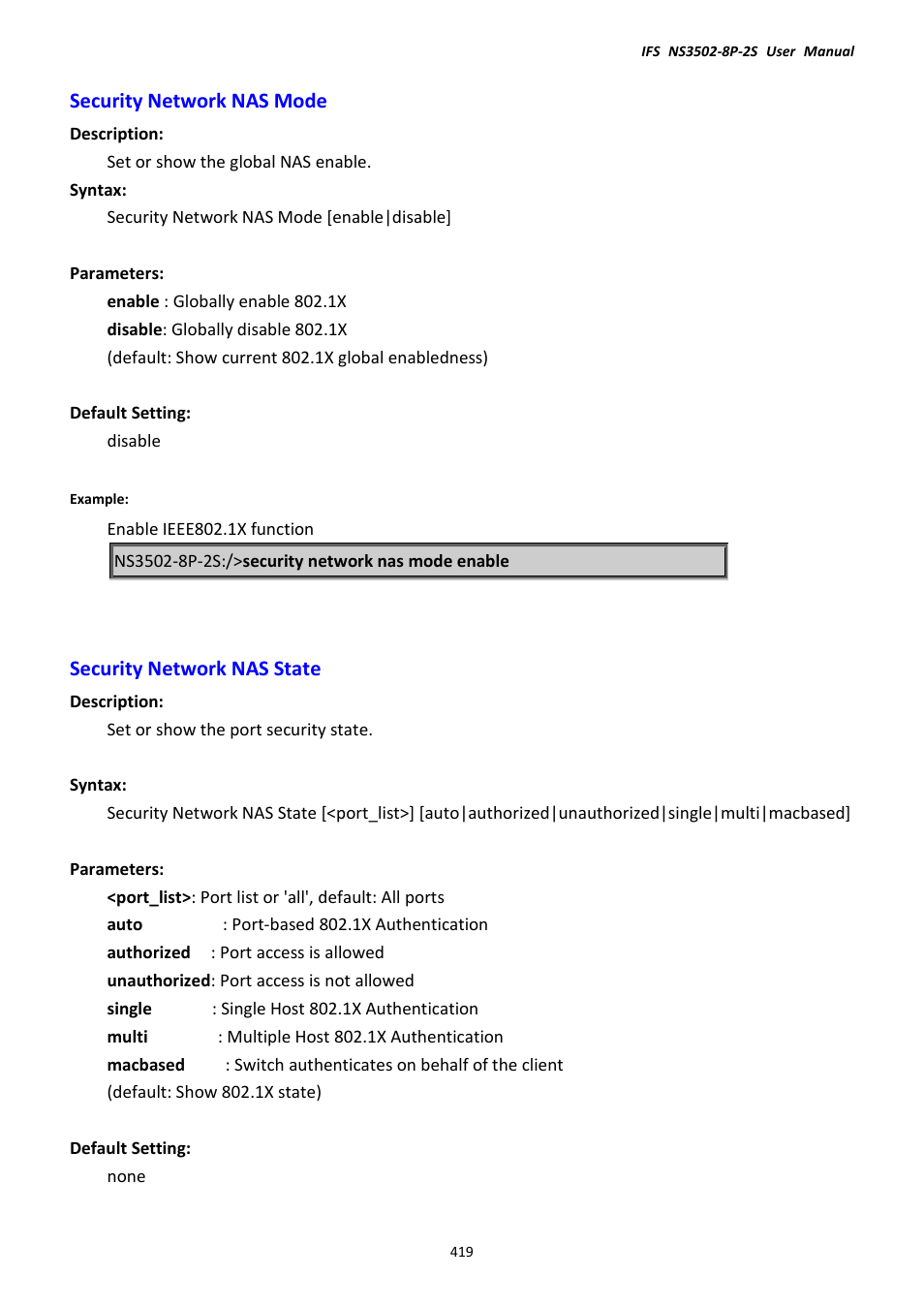 Security network nas mode, Security network nas state | Interlogix NS3502-8P-2S User Manual User Manual | Page 419 / 568