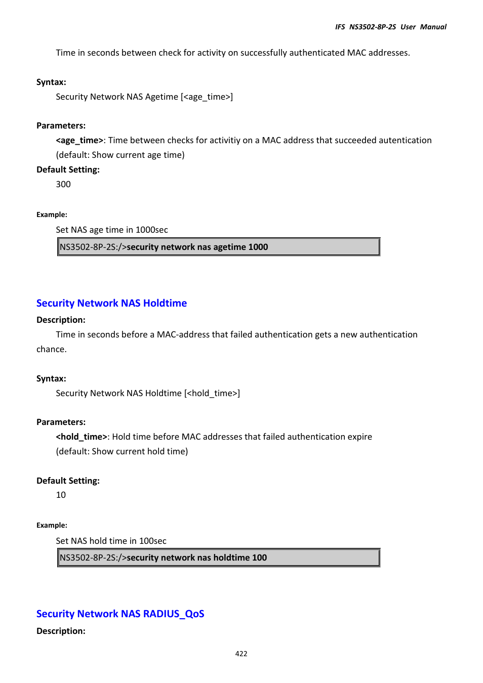 Security network nas holdtime, Security network nas radius_qos | Interlogix NS3502-8P-2S User Manual User Manual | Page 422 / 568