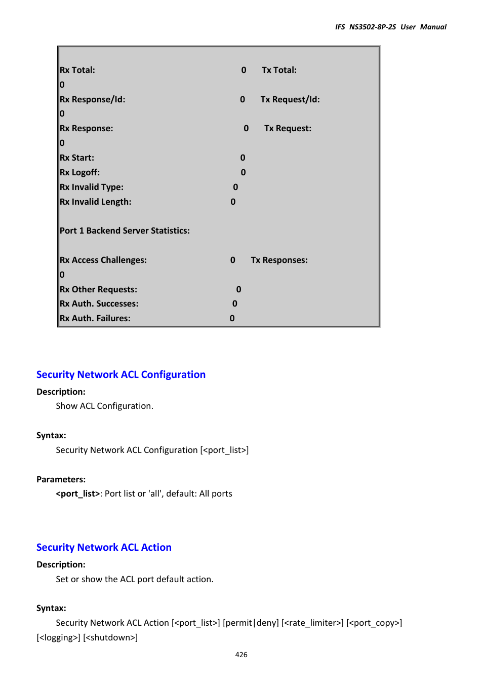 Security network acl configuration, Security network acl action | Interlogix NS3502-8P-2S User Manual User Manual | Page 426 / 568