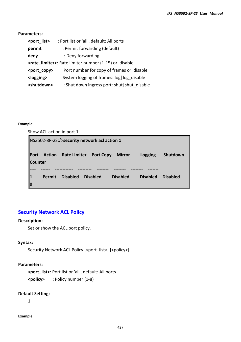 Security network acl policy | Interlogix NS3502-8P-2S User Manual User Manual | Page 427 / 568