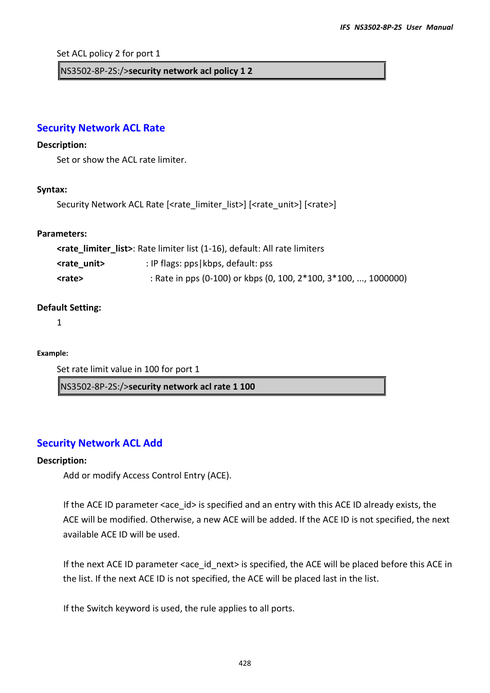 Security network acl rate, Security network acl add, Security network acl rate security network acl add | Interlogix NS3502-8P-2S User Manual User Manual | Page 428 / 568