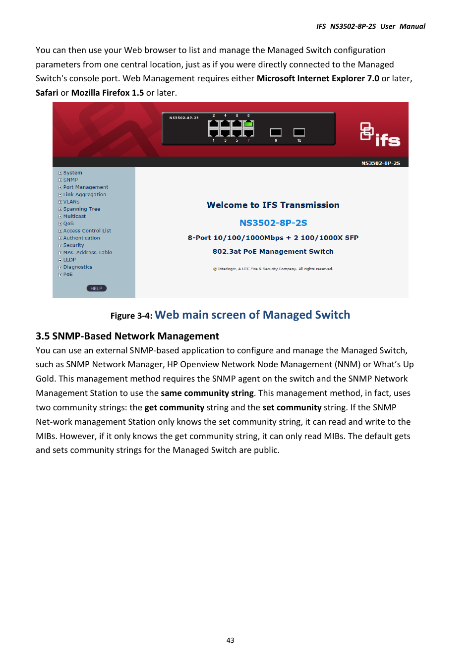 Web main screen of managed switch, 5 snmp-based network management | Interlogix NS3502-8P-2S User Manual User Manual | Page 43 / 568