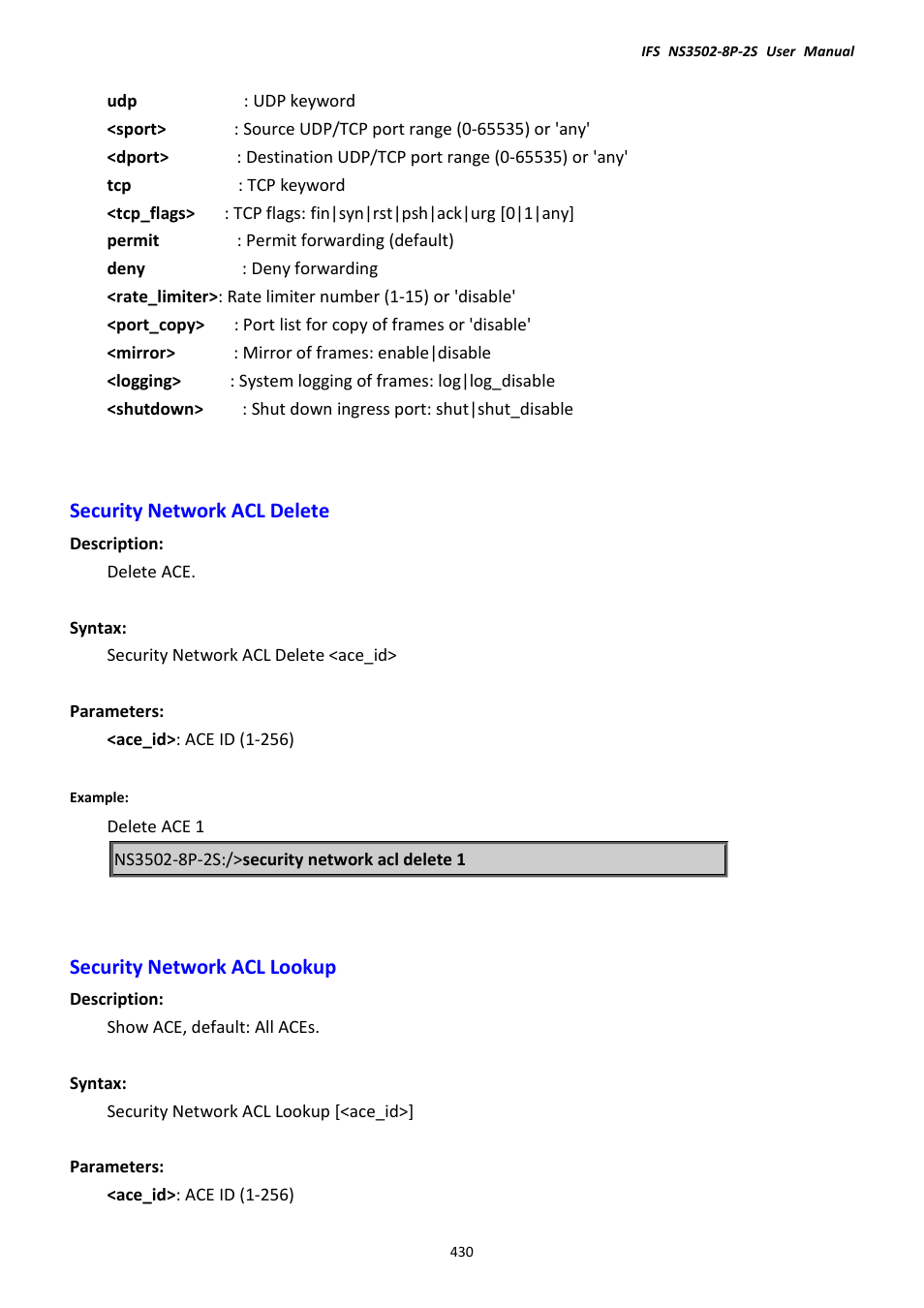 Security network acl delete, Security network acl lookup | Interlogix NS3502-8P-2S User Manual User Manual | Page 430 / 568