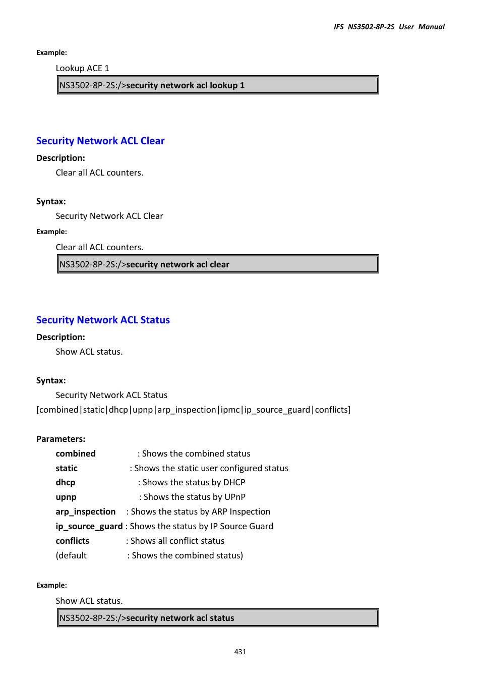 Security network acl clear, Security network acl status | Interlogix NS3502-8P-2S User Manual User Manual | Page 431 / 568