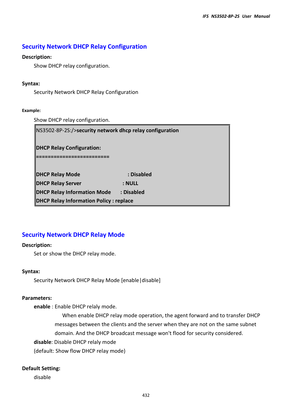 Security network dhcp relay configuration, Security network dhcp relay mode | Interlogix NS3502-8P-2S User Manual User Manual | Page 432 / 568