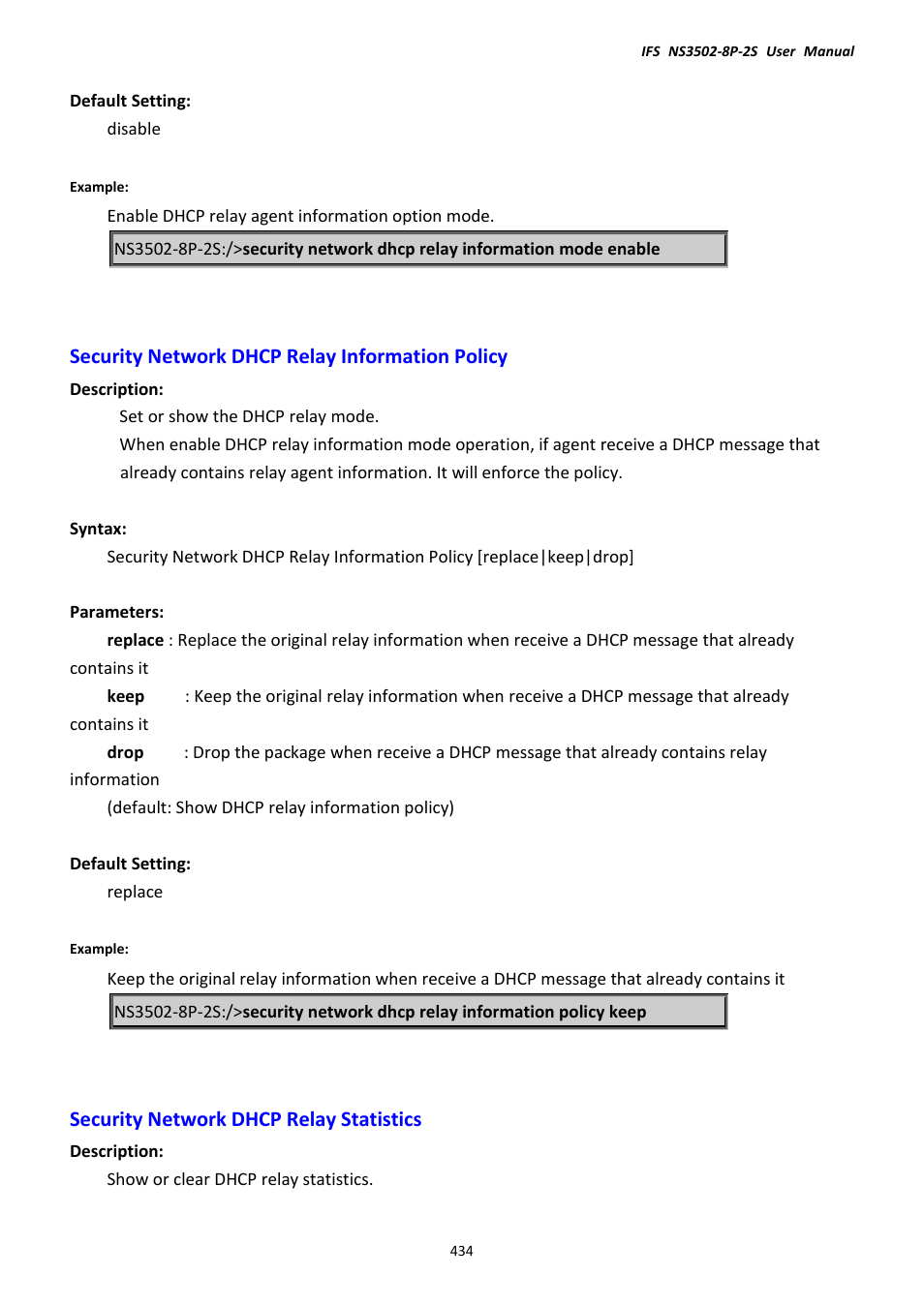 Security network dhcp relay information policy, Security network dhcp relay statistics | Interlogix NS3502-8P-2S User Manual User Manual | Page 434 / 568