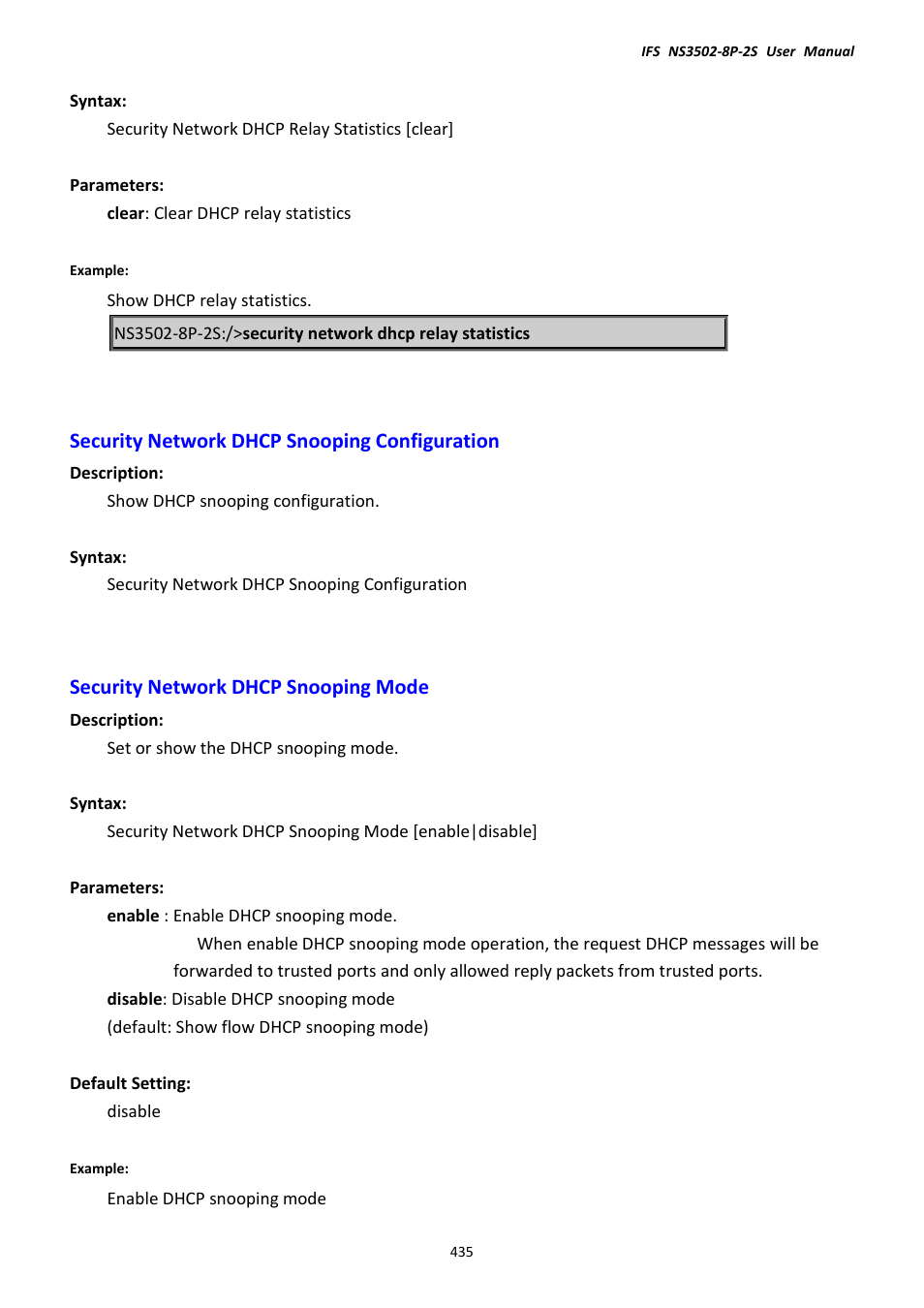 Security network dhcp snooping configuration, Security network dhcp snooping mode | Interlogix NS3502-8P-2S User Manual User Manual | Page 435 / 568